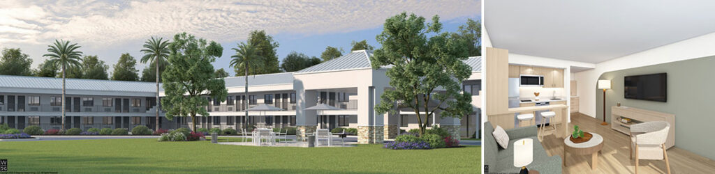 Rendering of the exterior and interior of Partners' Place