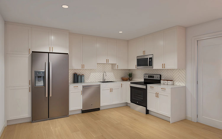 View of the kitchen in one of the Renaissance apartments